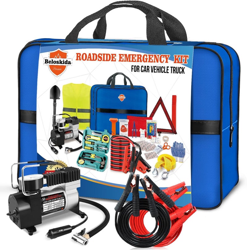 Beloskida Emergency Car Kit,Roadside Emergency Tool Kit for Vehicle Truck with Air Compressor Jumper Cable First Aid Kit,Winter Auto Road Side Kit Women Men Car Travel Safety Assistance Survival Essentials Kit - Image 1
